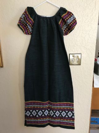 Vintage - Guatemalan Dress - Dark Green/short Sleeves Hand Woven Details