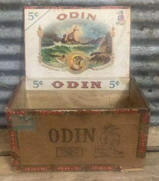 Antique Early 1900s Odin Wooden Cigar Box Vtg 1890s Factory No 67 Wood Crate