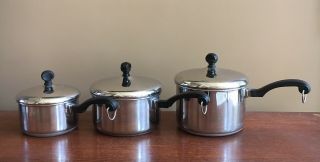 Vtg Farberware Aluminum Clad 1,  2,  & 2 - 1/2 Qt Stainless Steel Sauce Pots W/lids