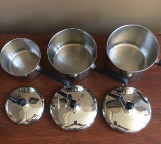 Vtg FARBERWARE Aluminum Clad 1,  2,  & 2 - 1/2 Qt Stainless Steel Sauce Pots w/lids 2