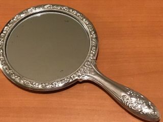 Vintage Ornate Silverplate Handheld Vanity Mirror Art Nouveau 9” P163 4