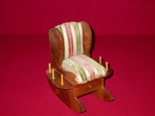 Vtg Rocking Chair Pin Cushion Sewing Spool Holder W Single Drawer Scissor Holder