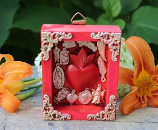 Pink Sacred Heart Wood & Milagro Shadow Box Handmade Michoacán Mexican Folk Art