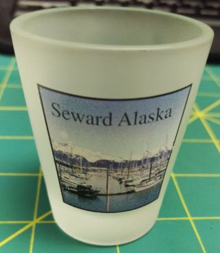 Alaska Shotglass - Seward Alaska Harbor On 1 Side And Map Of Alaska On The Other