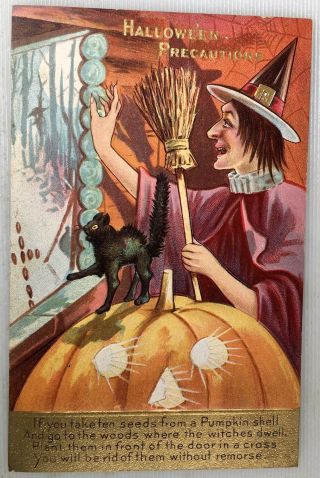 Scarce 191o Halloween Precautions Witch Black Cat Unposted Postcard Embossed