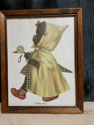 Vintage Frame Black Americana Art Girl With Raincoat And Duck A Rainy Day Print
