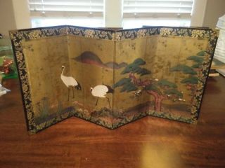Vintage Japanese Table Screen With Cranes 4 Panel Folding Screen Byobu 9”x 18”