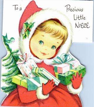 Pretty Lady Girl Kid Santa Claus Coat Blue Bird Gift Vtg Christmas Greeting Card