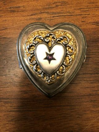 Vintage Pill Box Heart Shape With Heart Filigree And Lavender Stone Mirror Hinge
