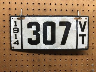 1914 Vermont Porcelain License Plate Good Low Number 3 Digit 307 Black And White