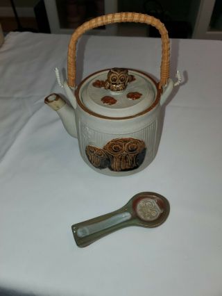 Owl Teapot Rattan Handle With Owl Spoon Stoneware Japan
