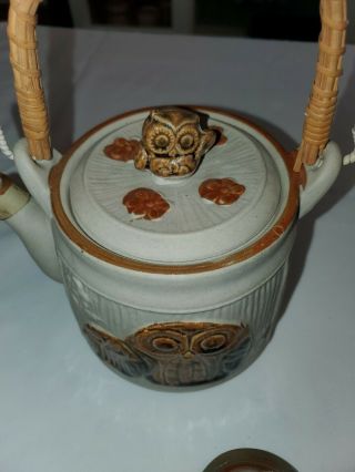 Owl Teapot Rattan Handle with Owl Spoon Stoneware Japan 2