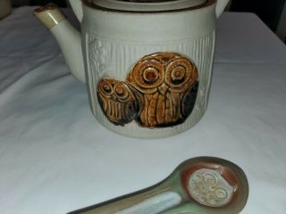 Owl Teapot Rattan Handle with Owl Spoon Stoneware Japan 3