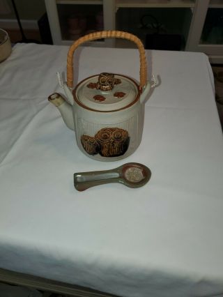 Owl Teapot Rattan Handle with Owl Spoon Stoneware Japan 4