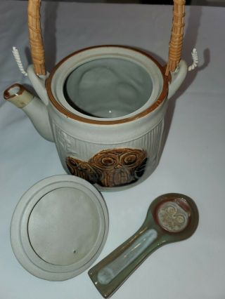 Owl Teapot Rattan Handle with Owl Spoon Stoneware Japan 5