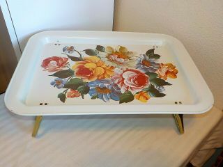 Vintage Metal Lap Tv Tray White With Flowers Floral Design