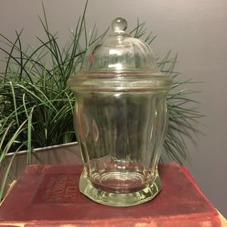 Vtg Heavy Clear Glass Apothecary Jar Paneled Dome Lid Ball Handle Cookie Dish