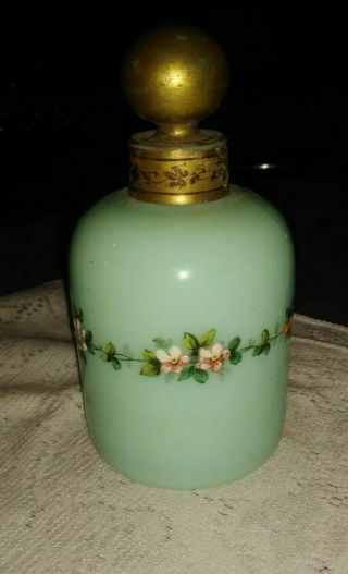 Antique Vintage Floral Blue/green Opaline Glass Perfume Bottle With Stopper