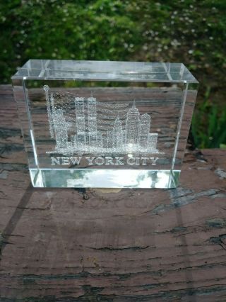 3d Laser Etched Glass York City Skyline Twin Towers Paperweight