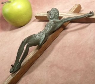 Antique C1930 Spelter Bronzed Sculpture Christ Cross Crucifix Modernist Art Deco