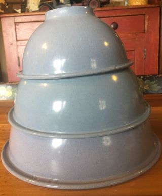 3 Vintage Texas Ware Blue Confetti Splatter Melmac Nesting Bowls: 125,  118,  111