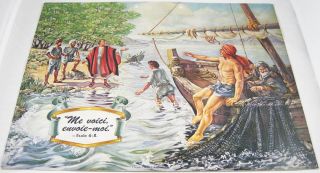 French 1967 Calendar Art Work Here I Am Send Me Fishing Boat Jesus Watchtower