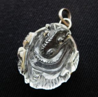 Vtg Sterling Silver Carved Rock Crystal Ganesha Hindu Necklace Pendant Amulet