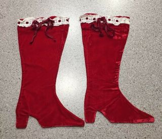 2 Vintage Velvet Victorian Boot Christmas Stockings Lace Trim