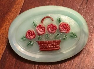 Vintage Green Oval Moonglow Basket Of Roses Button - 1 1/2 " Large