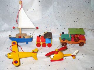 5 Vintage Christmas Wooden Vehicles Train Car Boat Planes Tree Ornaments