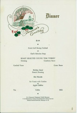 Illinois Central Railroad Vintage Christmas Dinner Menu