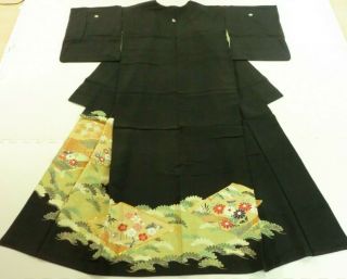 Japanese Vintage Kimono,  Black Tomesode,  Silk,  Hand Embroidery P040956