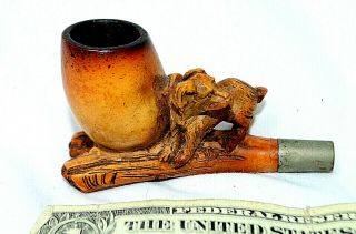 Antique Meerschaum Tobacco Smoking Pipe Dog On Log
