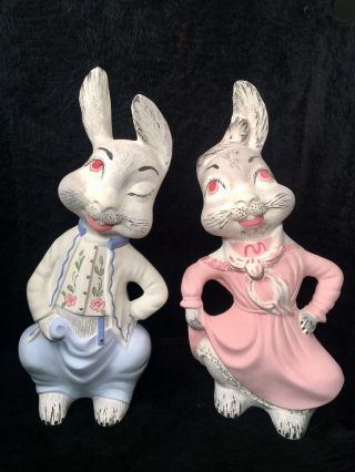 Vtg 60s Chalkware 12” Easter Bunny Rabbits Hand Painted Winking Boy & Girl