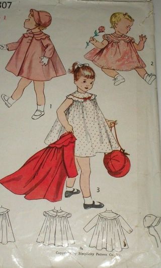 Vintage 50s Simplicity 3807 Girls Dress,  Coat & Hat Bonnet Pattern Sz 2