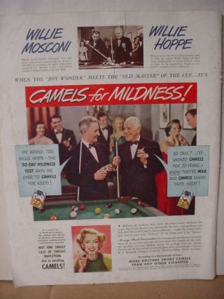 1949 Camel Cigarette Willie Mosconi Hoppe Pool Billiard Vintage Print Ad 10096