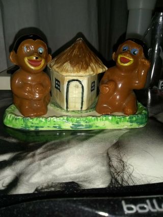 1940s Jungle People Salt And Pepper Shakers Set With Base Toothpick Holder Rare