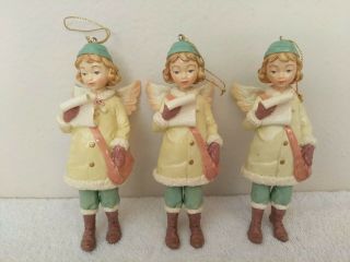 Vintage Christmas Ornaments Carolers Angels Girls W/dangling Legs 6 " Set Of 3
