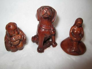 3 Hand Carved Wood Nesukes Dog Mermaid Scholar Japanese