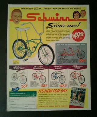 1964 Schwinn Sting Ray Twinn Boys Bicycle Memorabilia Bikes Promo Trade Ad