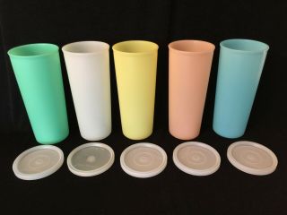 5 Vintage Pastel Tupperware Tumblers Drinking Glasses W Lids