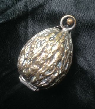 Antique Victorian Silver Plated Chatelaine Novelty Walnut Thimble Pill Box Case