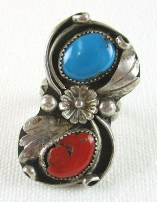 Vintage Native American Navajo Turquoise,  Coral & Silver Ring,  Size 8