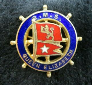 Cunard Rms Queen Elizabeth White Star Line Enamel Pin Ships Wheel Vintage