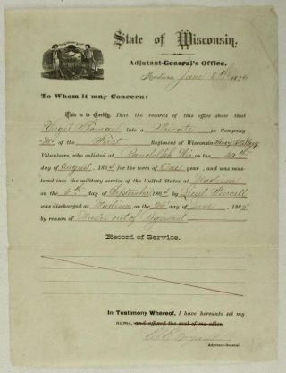 Military Document State Of Wisconsin Company M 1st Regiment Heavy Artillery 1876
