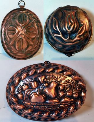 Set Of 3 Antique Copper Jello Jelly Cake Mold Food Mold Tin Lined Kitchen Wall