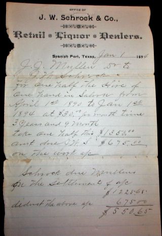1894 J W Schrock Spanish Fort Texas Ranger Letterhead Saloon Hand