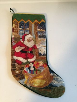 Wool Needlepoint Christmas Stocking Santa Claus Winter Scenery Thru Windows