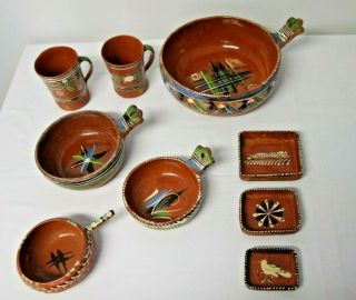 Vtg Mexican Redware Pottery Red Clay Hand Thrown Dishes Set Of 9