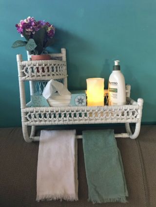 Vintage White Wicker 2 - Tier Wall Shelf Towel Holder Ornamental